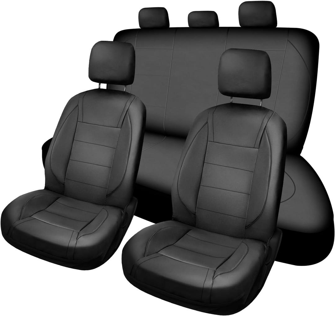 Seat Covers Leather Universal FIT Piping Cobertores para Asientos de Carro Sets Breathable Two Interior Covers for suvs Van Trucks Airbag Compatible(Black)
