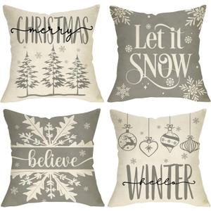 Merry Christmas Hello Winter Gray Decorative Throw Pillow Covers 18x18 Set of 4, Let It Snow Snowflakes White Porch Outdoor Home Decor, Xmas Tree Ornament Believe Holiday Couch Cushion Case
