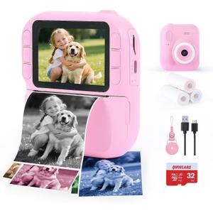 Kids Camera Instant Print – Digital Camera with Thermal Paper, 1080P HD Video, Selfie Lens, 32GB SD Card, MP3 Player, Games – Cool Birthday Gift for Boys & Girls Ages 3-12 (Pink)