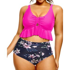Daci Women Plus Size Two Piece Swimsuits  High Waisted Bikini Set Ruffle Tummy Control Bathing Suits with Bottom Pink Flower 22 Plus