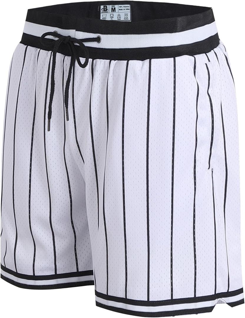 DEHANER Men's Basketball Shorts with Zip Pockets for Workout Gym Sports, Featuring Breathable Mesh Fabric (Large) Black Pinstriped-white Shorts