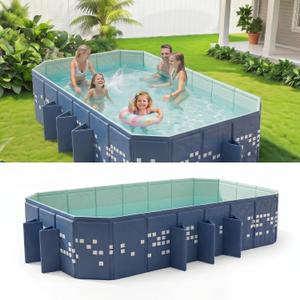 Large Foldable Swimming Pool, Mosaic Design Non-Inflatable Rectangular Pool, Oversized Thickened Framed Pool, Collapsible Pool for Kids Adults, Backyard Outdoor Pool 102.4"x65.0"x19.7"- Blue