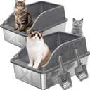 2PACK Stainless Steel Litter Boxes, Extra Large XL Odor Free Metal Litter Box with High Sides, Open Top Litter Pan Include Scoop Easy Cleaning Anti-Scratch Kitty Cat Box Anti-Urine Leakage, Non-Sticky