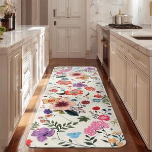 Floral Runner Rug 20x59inch Non Slip Hallway Long Colorful Flower Bedroom Carpet Washable Kitchen Mat Low Pile Accent Rug Lightweight Soft for Bathroom Dining Laundry Living Room