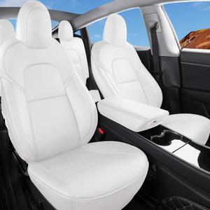 Tesla Model Y Car Seat Covers Nappa Leather Car Interior Seat Airbag Compatible Cushion Cover Full Set Custom Fit 2024 2023 2022 2021 2020, Nappa White (Model Y Full Sets)