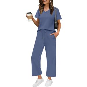 WIHOLL 2 Piece Sets for Women Summer Lounge Set Wide Leg Pants Matching Set Vacation Travel Outfits Beach Clothing (Small, Blue)