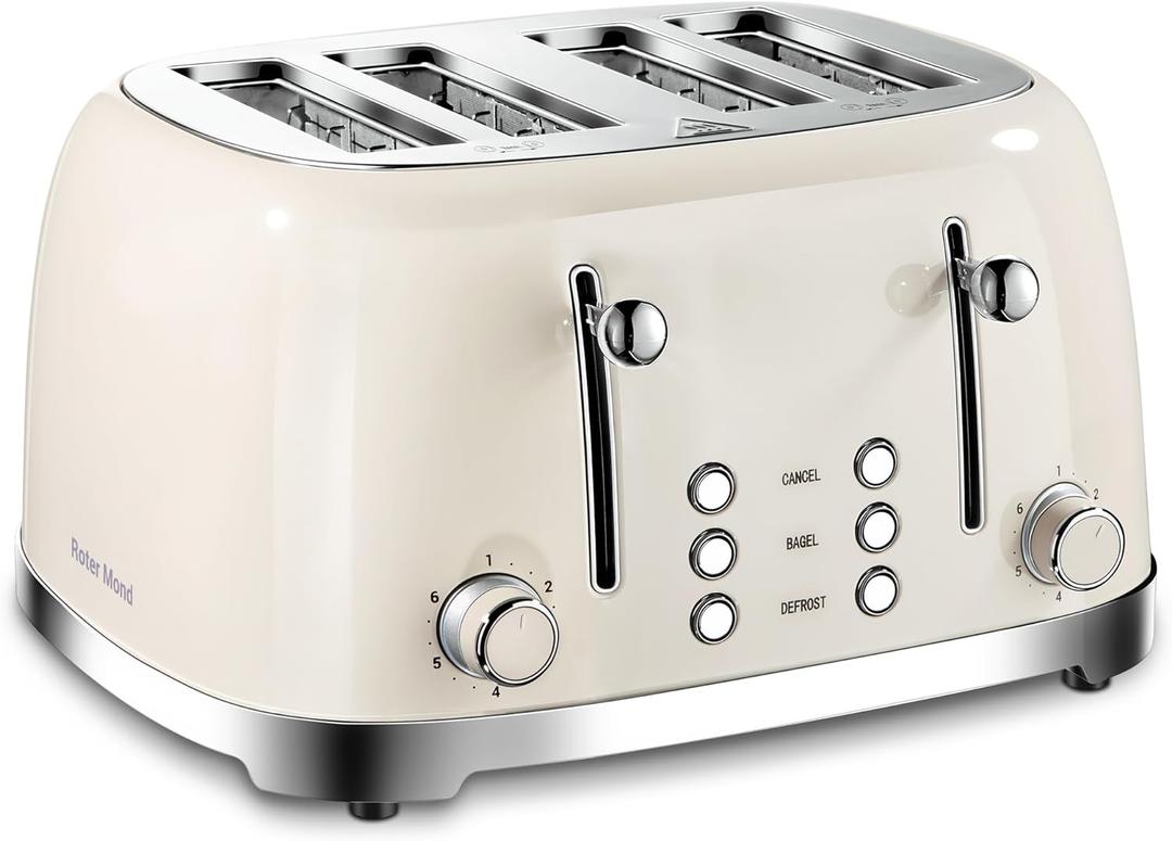 4 Slice Toaster Roter Mond Retro Stainless Steel with Bagel Defrost Cancel Function, 6 Browning Settings, Extre Wide Slot and Removable Crumb Tray, Cream, ST033