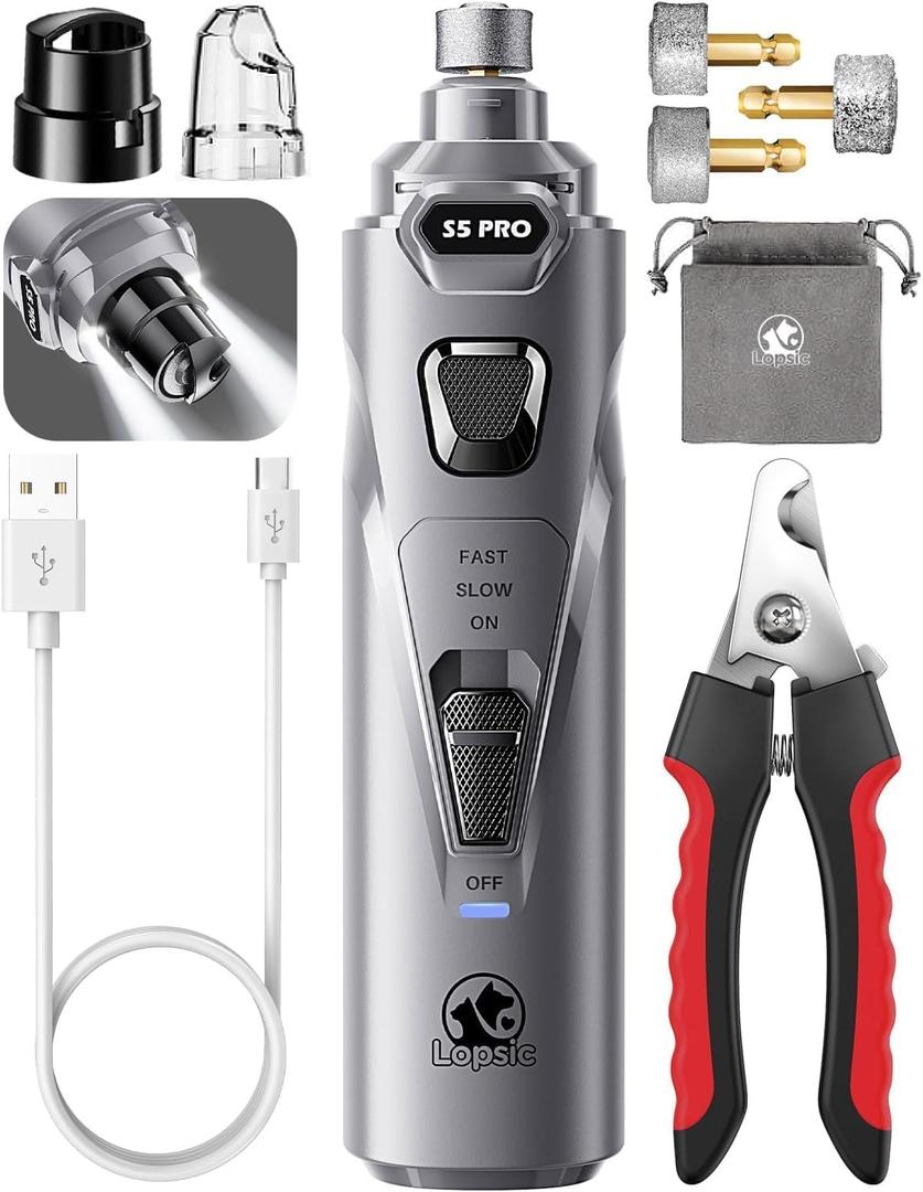 Whisper Quiet Dog Nail Grinder with 4 LED Lights, Safe & Stress-Free for Sensitive Dogs Cats of All Breeds & Sizes, 3 Grinding Bits, 3-Speed, Pet Nail Trimmers, Rechargeable Painless Grooming Kit Grey