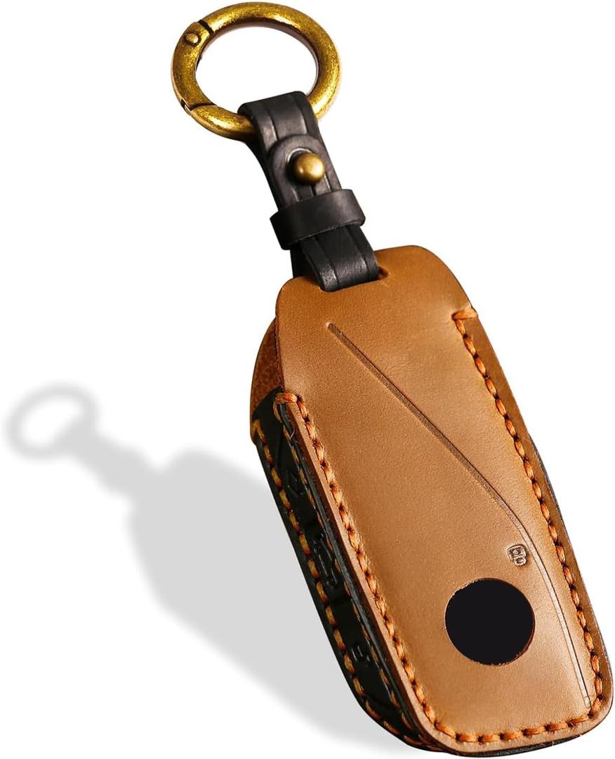 OLLEN Screws-Free Genuine Leather Key Fob Cover Fit for BMW 2023-2025~up New 5/7 Series 740i 760i X1 X2 X3 X5 X6 X7 XM IX IX3 I5 I7 etc, with Key Ring, Brown