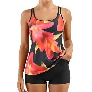 B2prity Women's Tankini Swimsuit Slimming Two Piece Bathing Suit Tummy Coverage Swimwear with Boy Short, Small, Red Yellow Floral, Black