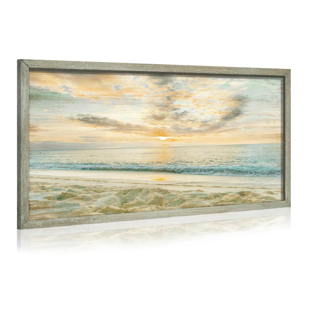 Ocean Wave Framed Wall Art: Sunset Beach Wooden Painting Modern Coastal Seascape Picture Sea Seaside Prints Artwork for Bedroom Bathroom Living Room