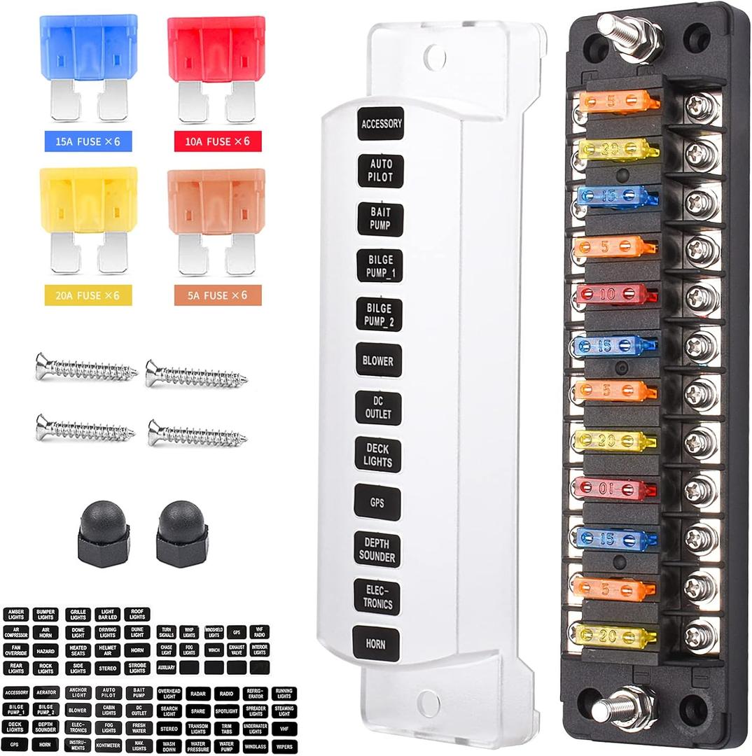 12-Way 12V Fuse Box Blade, 12-Volt Fuseholder, No LED Indicator, Moisture Resistant Cover - with Ground Bus 12-Way Independent Positive Fuseholder for 12V/24V Cars, Car Trucks, Boats, Marine Vehicles