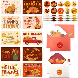 Jengaer 50 Pack 4 x 6 Inch Thanksgiving Cards with Envelopes & Stickers Thanksgiving Greeting Cards Bulk 10 Designs Fall Cards with Envelopes,with Blank Message Inside
