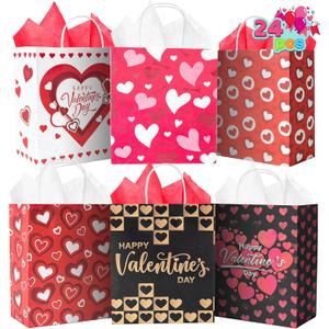 JOYIN 24 Pcs Valentine's Day Paper Gift Bags with Handle, 9" Snack Candy Bag,Valentine Party Favors Wrapping Birthday Gift for Party Supplies Gift Giving Goodie Bags (Tissue Papers NOT Included) (Red)