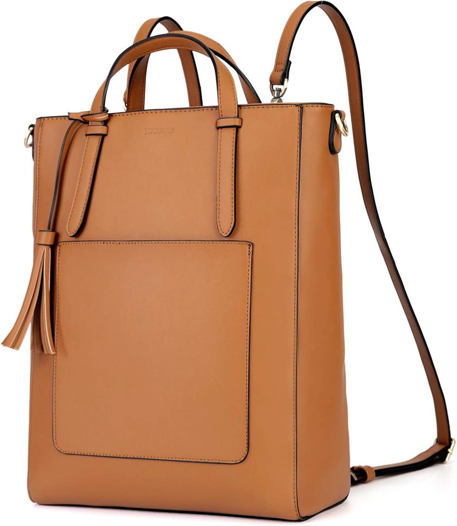 ECOSUSI Tote Bag Convertible Backpack for Women Vegan Leather Handbag Multifuction Shoulder Bag (Brown)