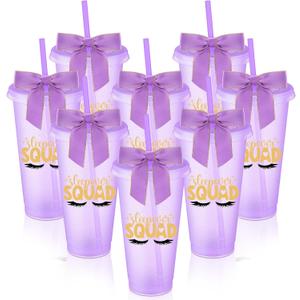 8 Pcs Purple Sleepover Party Supplies Slumber Party Cup Birthday Squad Cup with Lid Straw and Twist Bow 24 oz Plastic Coffee Tumbler Travel Mug for Spa Pajama Birthday Favor Stuff