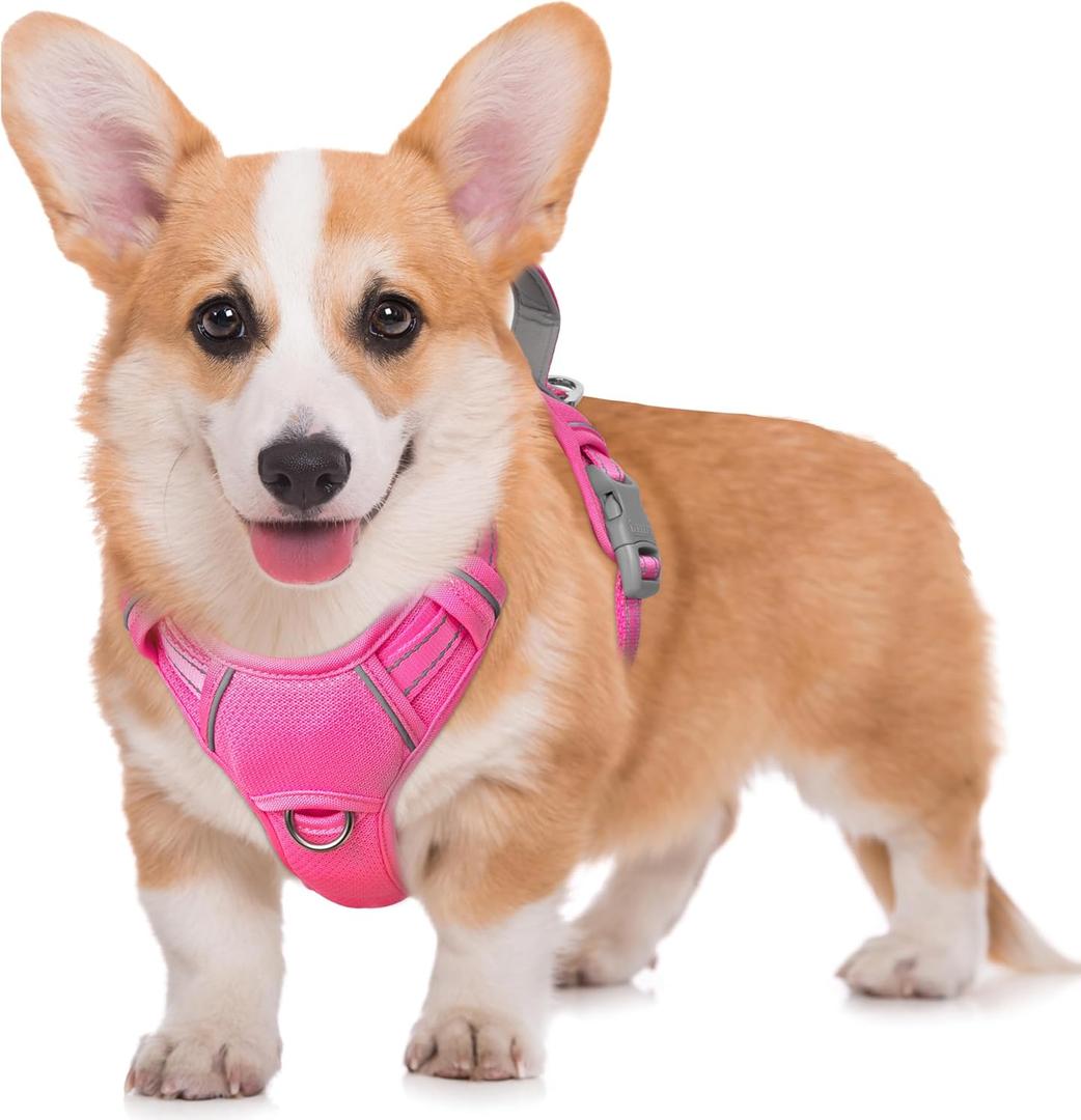 BARKBAY No Pull Dog Harness Large Reflective Dog Harness with Front Clip and Easy Control Handle for Walking Training Running with ID tag Pocket(Pink, M)