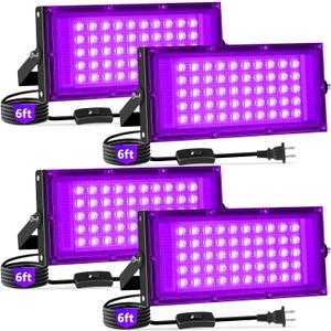 50W Black Lights with Switch+Plug, IP66 Waterproof, LED Blacklight Flood Light for Glow Party, Halloween, Bedroom, Fluorescent Poster, Body Paint, 4 Pack