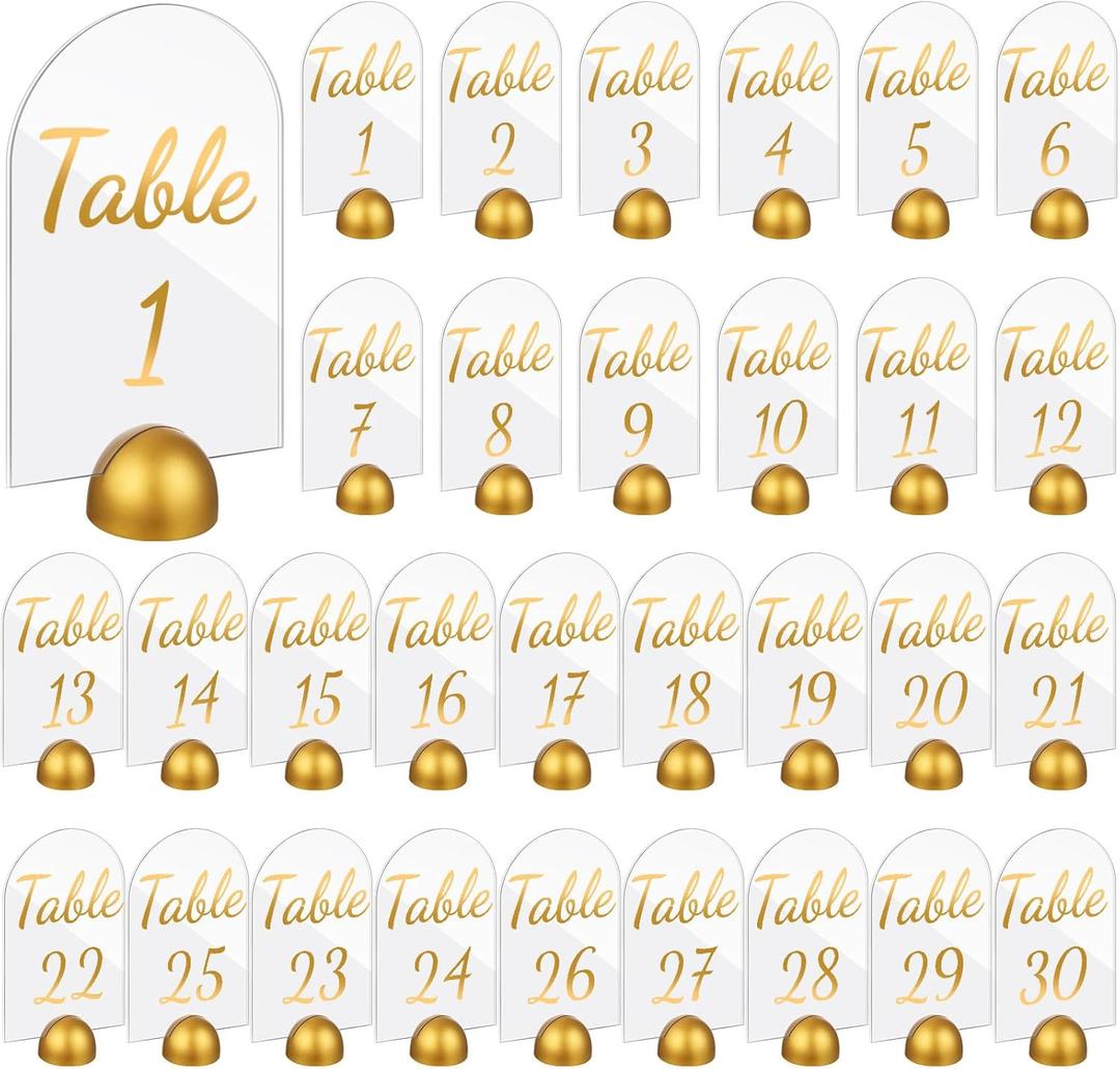 AceOrbit 30 Pack Gold Acrylic Wedding Table Numbers 1-30 with Stands 4 x 6 Inch Acrylic Table Signs with Gold Round Card Holder Wedding Seating Chart for Reception Decorations Event Party (Arch)