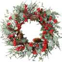 YNYLCHMX 22 Inch Winter Wreath for Front Door, Winter Wreath with Eucalyptus Leaves Red Berry Pine Cones Pine Needle, Artificial Door Wreaths for Indoor Farmhouse Holiday Decoration
