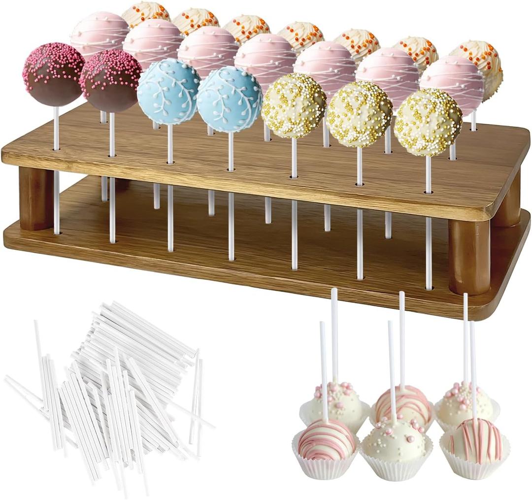 Wood Cake Pop Stand with 100 Pcs 4mm Cake Pop Sticks - 21 Holes Cake Pop Holder Stand for Dessert Table- Lollipop Holder for Birthday Party Anniversaries Holiday Candy Decorative