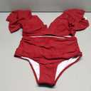 SPORLIKE Women Ruffle High Waist Swimsuit Two Pieces Push Up Tropical Print Bikini (Medium, Solid Red)