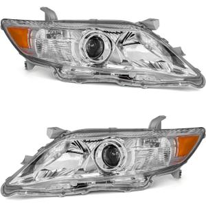 for 2010-2011 Toyota Camry Headlights Chrome Housing Amber Reflector Clear Lens Headlamp Replacement Driver and Passenger Side PairW/O bulds