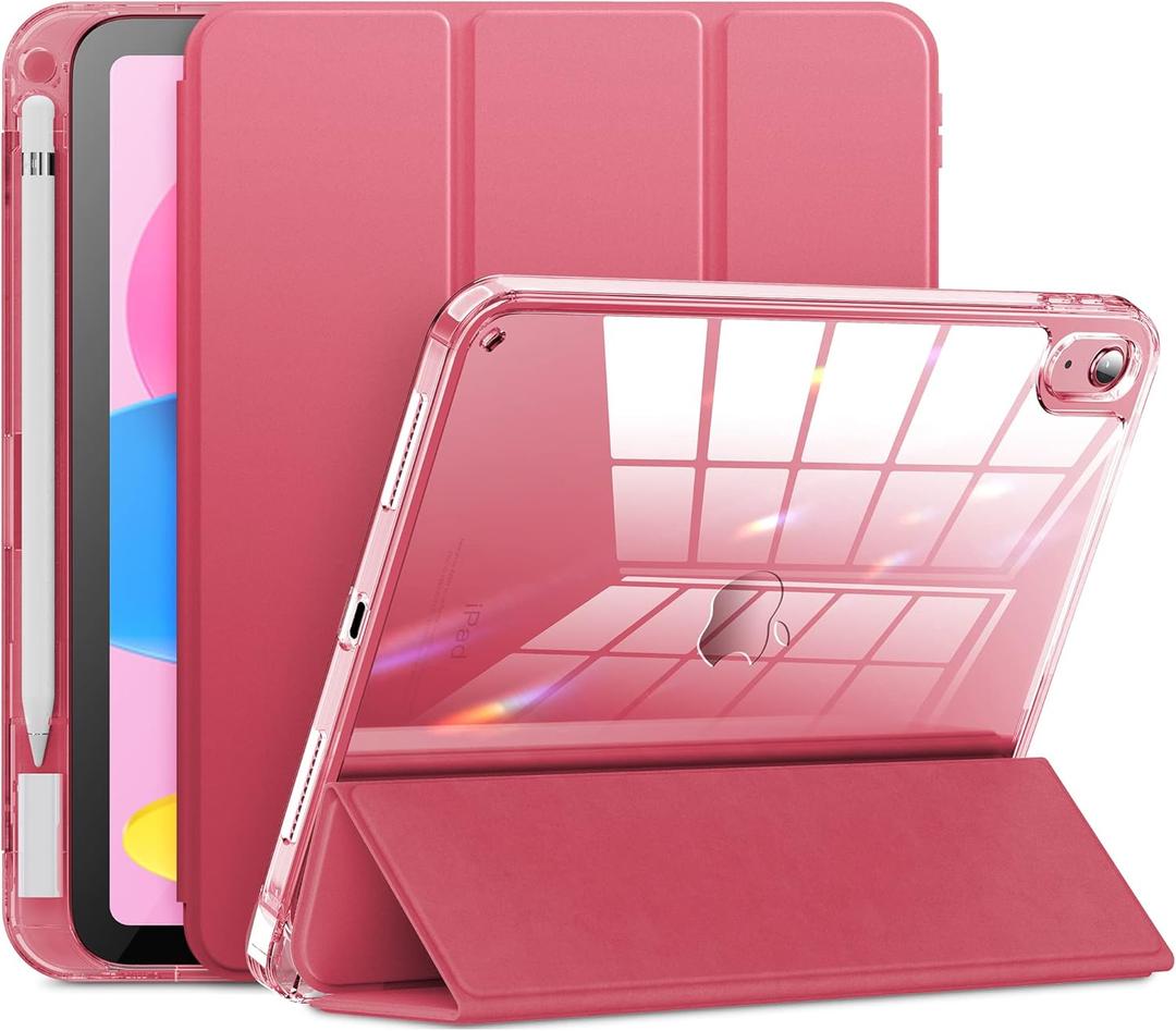 INFILAND Compatible with iPad A16 Case 11th Generation 11 Inch 2025, iPad 10th Generation Case 10.9 Inch 2022, Clear Slim Protective Cover with Pencil Holder & Charging Adapter Slot, Rose Pink