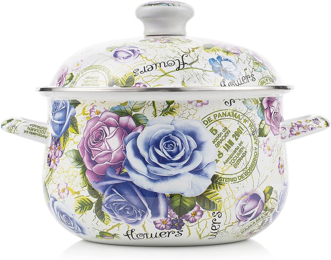 Retro Flower Enamel Stockpot with Lid,Stockpots for Cooking (5L-Blue Rose) (Multi Rose-5QT)