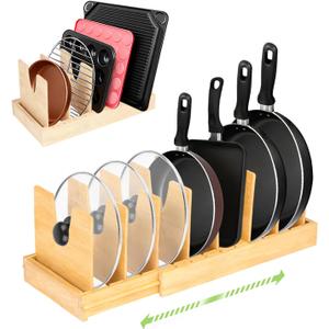 Pots and Pans Organizer for Under Cabinet - Expandable Bamboo Pot Lid Organizer, Pan Organizers inside Cabinet, Drawer Pot Lid Holder Rack for Kitchen Organization and Storage