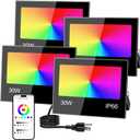 Remon LED Flood Light Outdoor 30W, 300W Equivalent 3000LM Color Changing Stage Spotlight with APP Control, 43 Modes, Timing, Warm White 2700K, Smart RGB Landscape Uplight, IP66 Waterproof (4 Pack)