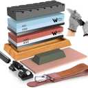 Knife Sharpening Stone Kit  400/1000 3000/8000 Grit Wet Kitchen Whetstone Knife Sharpener Set with Non-slip Bamboo Rubber Base, Angle Guide, Flattening, Leather Strop and Cut Resistant Gloves