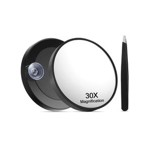 30X Magnifying Mirror with 2 Suction Cups, 3.5 inches Magnified Makeup Mirror and Slant Tweezers,Black,1PC