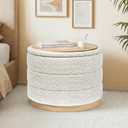 Round Storage Ottoman with Tray Lid, Folding Chenille Fabric Footrest with Hidden Storage, 22.8" Large Footstool Side Table for Dorm Living Room Bedroom, Wood Grain Base, Cream White, 22.8"D x 22.8"W x 17.3"H