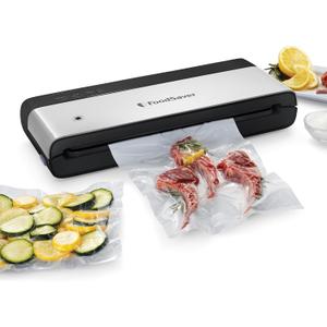 FoodSaver PowerVac Compact Vacuum Sealing Machine Stainless Steel & Black Vertical Storage VS0150 | Preserves freshness reduces bag waste for both dry and wet food