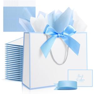Ethhqu 12-Pack Gift Bags with Handles, Medium Size 12.6x10x4'' - Includes 24 Tissue Papers, Bows, Ribbons & Cards for Weddings, Bridesmaids, Birthdays, Thank You, Easter, Mother's Day, Holidays (White and blue gift bags)