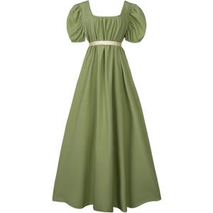 Regency Dresses for Women with Satin Sash Ruffled Puff Sleeve Empire Waist Dress Gown (Large, Oliver)