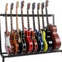 9-Space Foldable Universal Multi Guitar Stand - Portable Collapsible Instrument Floor Guitar Rack Holder w/ Foam Padding - For Acoustic, Electric, Bass Guitar & Guitar Bag / Case - Pyle PGST93