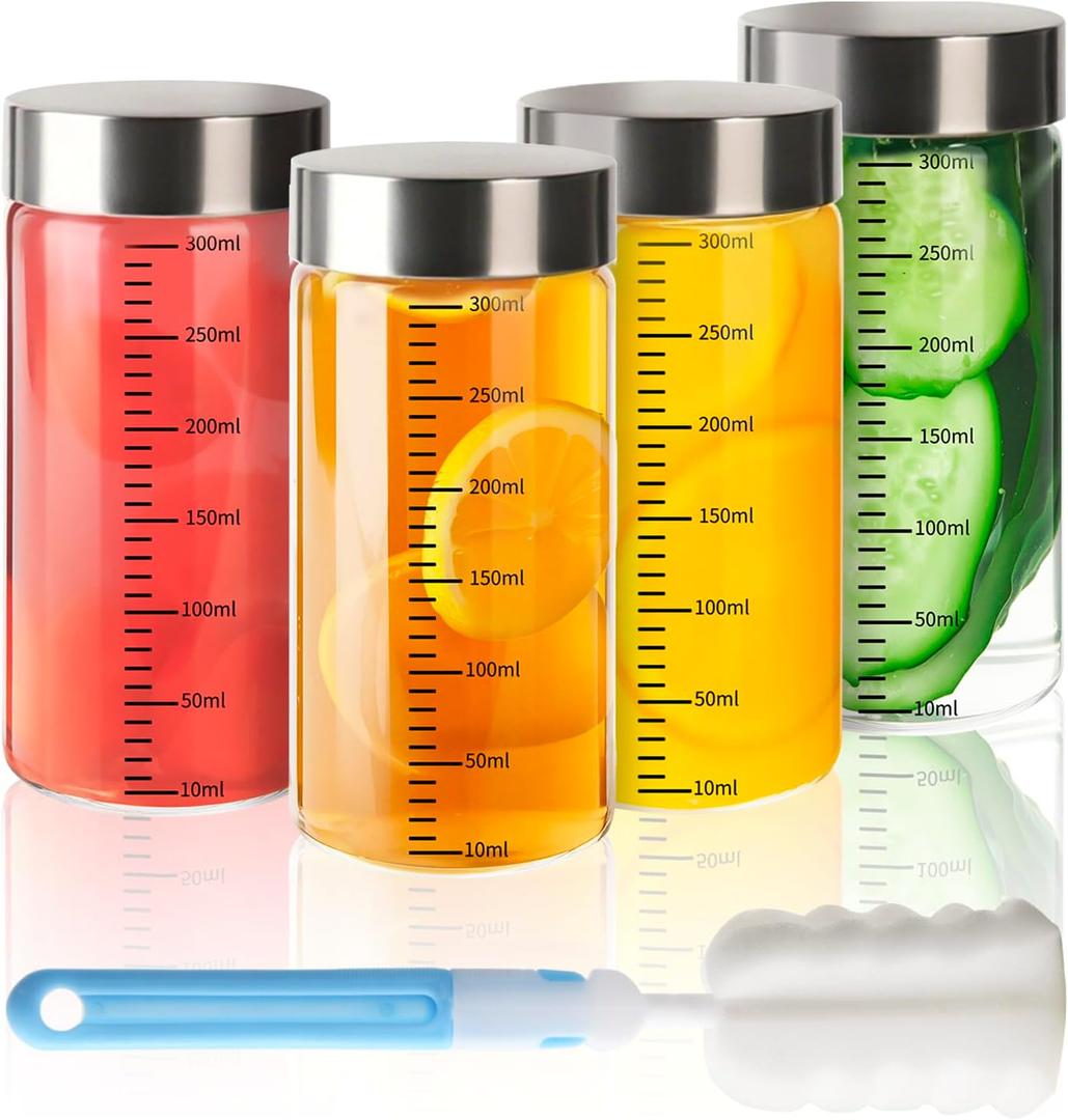 4 Pack 10 oz Glass Juice Bottles with Stainless Steel Lids Wide Mouth Borosilicate Glass Shaker bottle for Juicing, Protein, Smoothies, Reusable, Leak Proof, Dishwasher Safe Glass Water Bottles