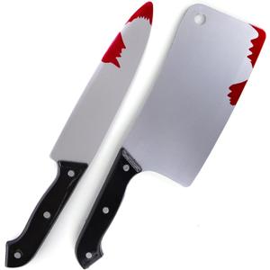 ArtCreativity Fake Bloody Knife Set for Halloween - Bloody Knife Prop Set with Meat Cleaver and Kitchen Knife - Two Highly Detailed Plastic Knives for Halloween Costumes - Toy Knife Set with Blood
