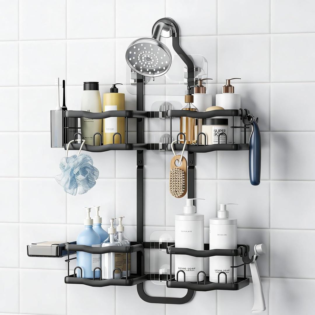 GearFusion Aluminum Alloy Shower Caddy Hanging, No Drilling Over the Shower Head Caddy, 2 Levels Showers Rack Organizer with Hooks, Razor Holder, Soap Holder