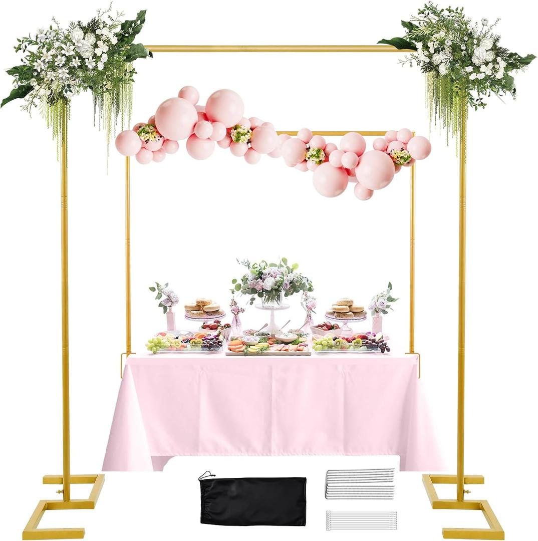 8.2FT Square Arch Backdrop Stand,Metal Gold Backdrop Stand Heavy Duty Adjustable,Extra 2 Clamps Change Over The Table Rod Stand,Wedding Balloon Arch Stand for Valentine Parties Decoration