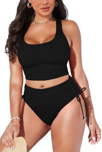 Pink Queen Women's Scoop Neck Racerback Ruched Crop Top High Waisted Bikini Sets 2 Piece Swimsuit Bathing Suit, Medium
