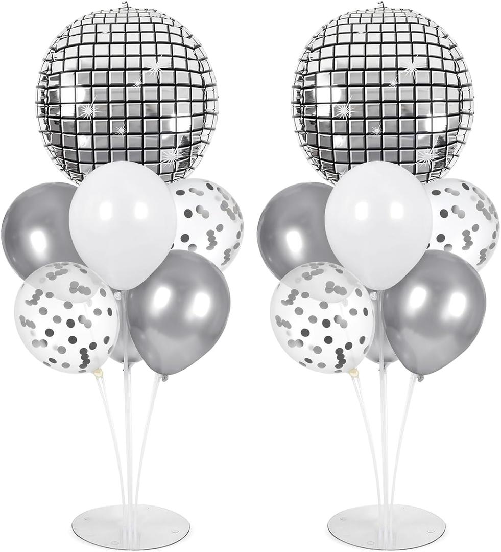 Disco Ball Party Balloons Stand Kit 2 Sets with 2 Silver 4D Discoball Foil Balloon Disco Ball Centerpiece for Tables 70s 80s 90s Dance Themed Birthday 2026 prom Decorations Silver White Party Supplies