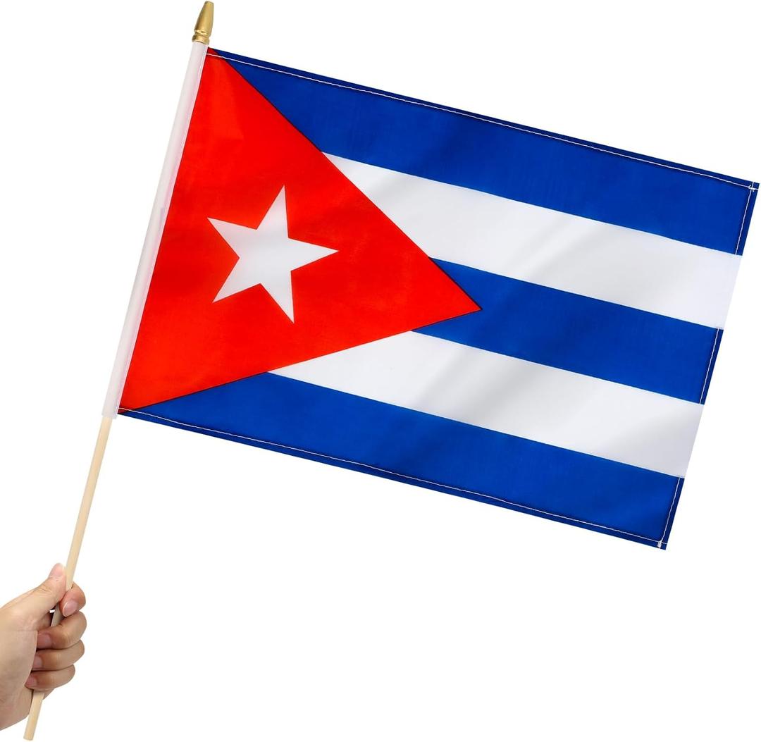 12 Pack Cuba Stick Flags Small 12x18 Inch Cuban Hand Held Flags with 24 Inch Wooden Pole Decorations