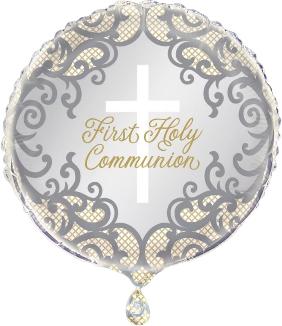 Unique Fancy Gold Cross First Holy Communion Foil Balloon - 18 inch (1 Pc.) - Elegant Gold and Grey Design, Perfect for Communion Celebrations