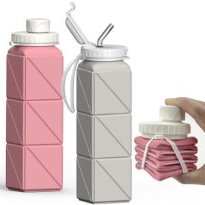 BEAUTAIL Collapsible Water Bottles 20.6oz 2 Pack, Silicone Foldable Portable Travel Water Bottle, BPA-Free Reusable Leakproof for Travel Camping Hiking Cycling Yoga Sports Outdoor (Pink+Starlight)