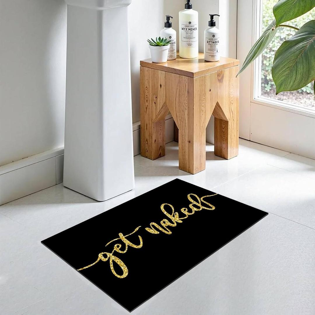 MUGINYU Small Get Naked Bath Mat,Black Gold Rubber Back Bathroom Rugs,Thin fit Under Door Bathroom Floor Mats for Bathtub, Shower Room, Sink Absorbent Non-Slip 16"*24" W*L
