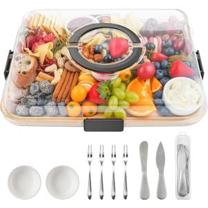 Charcuterie Board with Lid and Handle, Portable Travel Design Bamboo Cheese Board with Knife Set, Meat Fruit Serving Tray Platter, House Warming Gifts New Home, Gifts for Women, 6 Compartments