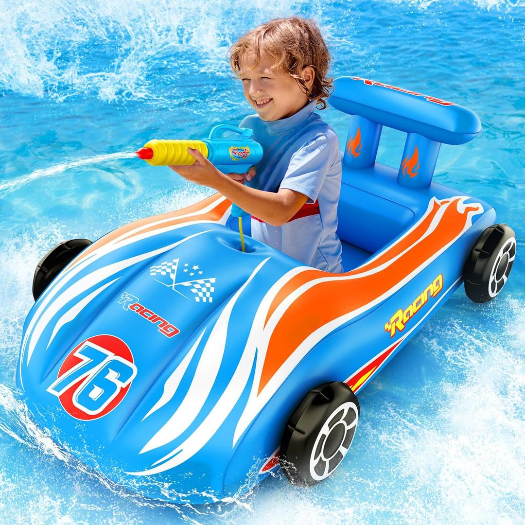 Pool Floats Kids Toys with Water Gun - Inflatable Ride-on Pool Toys for Kids Ages 4-8 Race Car Toddlers Pool Float Summer Outdoor Swimming Pool Toys Games for Boys Girls Fun Summer Water Toys
